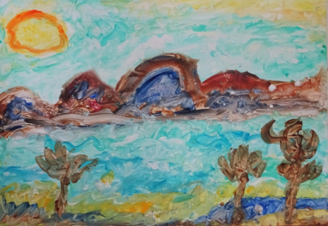 At the Sea with Trees, 2024, acrylic on carton, 100 x 70 cm